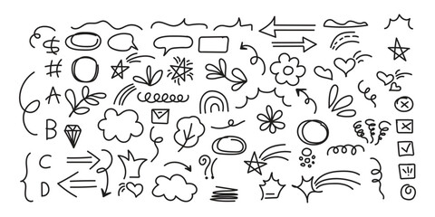 Line cute element set. Hand-drawn sketch doodle style arrow, cloud, star with marker stroke pencil highlight. Doodle sketch heart, star, cloud cartoon sticker shapes