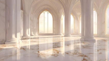 Fototapeta premium Elegant architectural interior with columns, arches, and bright sunlight creating a serene atmosphere.