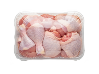 Raw chicken pieces in container isolated on transparent background