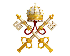 Papal tiara with two crossed keys on white background isolated on a transparent background gold crown