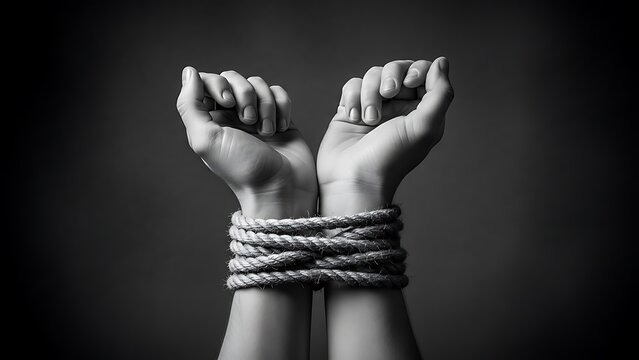 Hands bound by ropes
