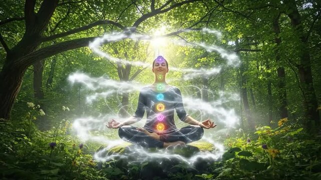 Meditator focusing on spiritual energy flow under lush green forest trees.