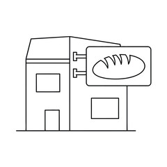 Black and white line drawing of a bakery shop with a bread sign on the front isolated on white background, Vector, illustration