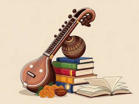 Traditional indian veena instrument with books and flowers
