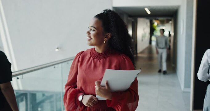 Walking, employee and woman with documents, office or publicist with ambition for career development. Happy, person and paperwork for pr campaign, creative and report for business growth and project
