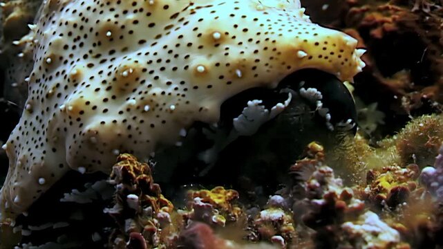 A sea cucumber grazes along the coral reef floor. The echinoderm is situated among coral and sand in the waters of Papua New Guinea. It appears to be eating.