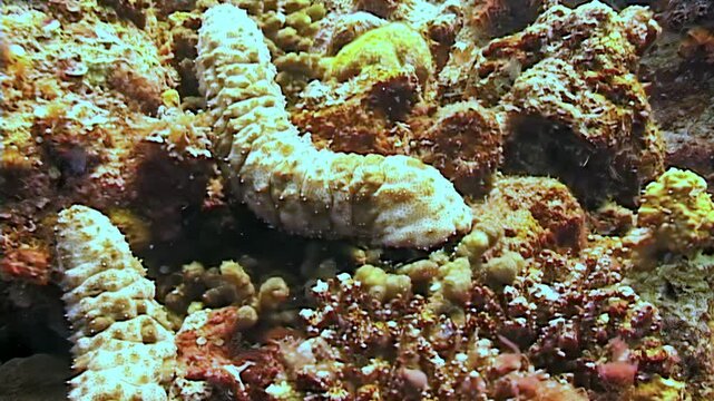 A sea cucumber slowly moves along a colorful coral reef. Other reef creatures can be seen among the rocks. Captured during the day in the waters of Papua New Guinea.