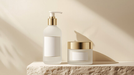 Perfume bottle on white background with beauty and hygiene items