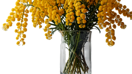 Vibrant Yellow Mimosa Flowers in Glass Vase Transparent Background