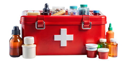 Red first aid kit with medical supplies on white cross isolated on a transparent background