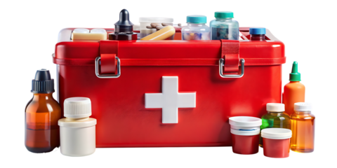 Red first aid kit with medical supplies on white cross isolated on a transparent background