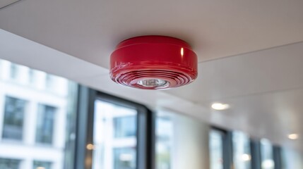 Bright Red Fire Alarm Device Installed on Ceiling in Modern Office Space for Safety and Emergency Preparedness