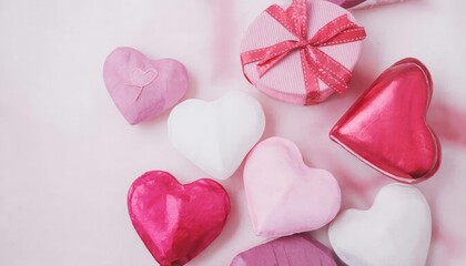 Romantic Valentine's Day Gifts. Two heart-shaped boxes tied with pink ribbons on a blurred pink background, symbolizing love and affection for Valentines Day. The concept represents celebration, gifti