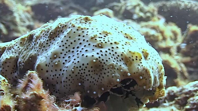 Underwater, a sea cucumber slowly moves and grazes on the vibrant coral reefs. This marine animal, a staple in some diets, is seen in its natural habitat near Papua New Guinea.
