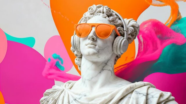 Classical marble statue wearing headphones and orange sunglasses stands against bold colorful abstract shapes with available space for text, a pop art juxtaposition of ancient sculpture and modern acc