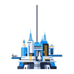 Obraz premium Futuristic spaceport with rocket launchpad in modern cityscape