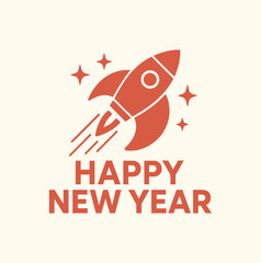 Happy New Year text with a red rocket soaring among the stars.