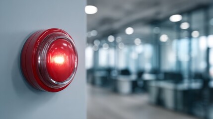 Bright Red Alarm Light on Wall in Modern Office Environment Signaling Warning or Emergency Situation with Blurred Background of Workspaces
