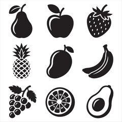 Black Silhouette Icons of Various Fruits apple pear