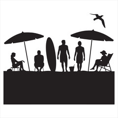 Black silhouette of people and umbrellas on a beach with a surfboard