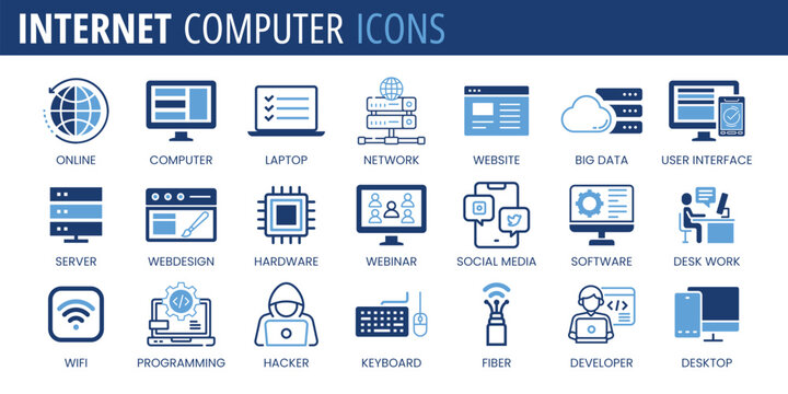 Internet computer iconS. online, computer, network, website, server, web design, hardware, software and programming, vector collection, Solid icons.
