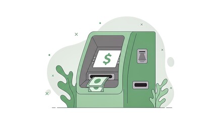 An illustration of a green atm dispensing cash with dollar sign on screen outdoors