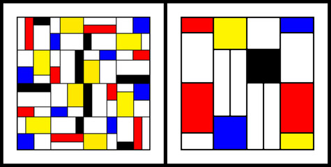 a geometric abstract painting in the neoplasticism style horizontal and vertical black lines forming rectangular shapes, the colors are arranged in a non-repeating pattern