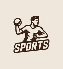 Dynamic monochrome logo of an athlete throwing a ball for sports.