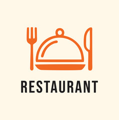 Orange line-art logo of a covered platter, fork, and knife for a restaurant.