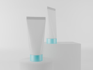 Clean White Cosmetic Cream Tubes with Blue Caps Mockup on Minimalist White Stands