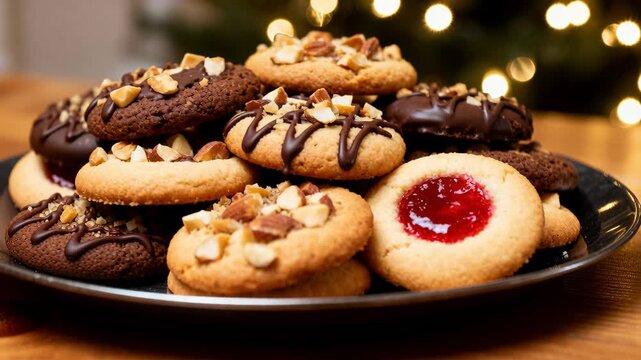 Assorted cookies on a dark plate with jam-filled centers, chocolate drizzle, and chopped nuts placed on a wooden table with soft holiday bokeh in the background. The composition evokes cozy festive ba