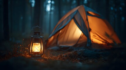 Enchanting Nighttime Camping Scene - Illuminated Tent and Lantern in Forest.