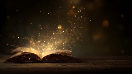 Enchanting Open Book with Glowing Light and Sparkling Particles, Fantasy Concept.
