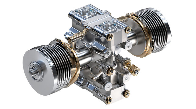 Highly detailed miniature twocylinder boxer engine model isolated on transparent background