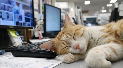 Office Cat Nap: A charming ginger and white cat enjoys a peaceful slumber on a desk surrounded by office equipment, offering a glimpse of tranquility in the everyday hustle.