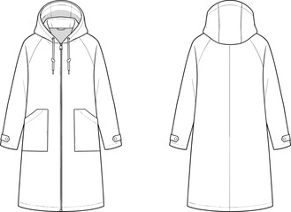 Minimal hooded coat technical fashion illustration front and back view long zip up parka blank outerwear apparel vector © Creative Art