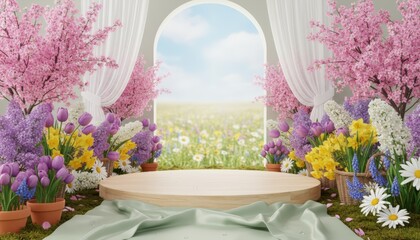 Spring floral showcase serene garden digital illustration lush environment vibrant colors inviting atmosphere for nature lovers and event planners