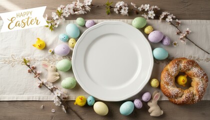 Easter celebration table setting home food arrangement festive environment overhead view colorful easter eggs and treats for family gathering