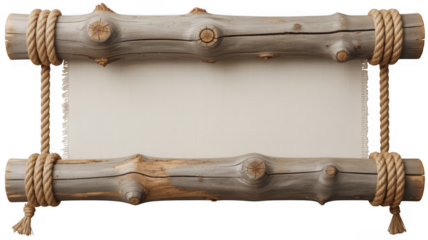 Wooden sign frame with rope and blank paper rustic isolated on a transparent background