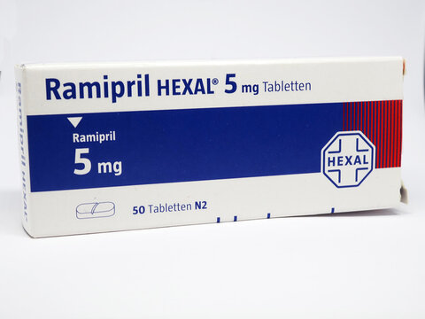Packaging of Ramipril HEXAL 5 mg tablets. Ramipril is an ACE inhibitor frequently prescribed in Germany for the treatment of arterial hypertension and cardiovascular prevention.