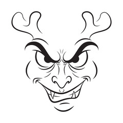 Spooky Cartoon Monster Face with Horns and Fangs Grinning Black Outline