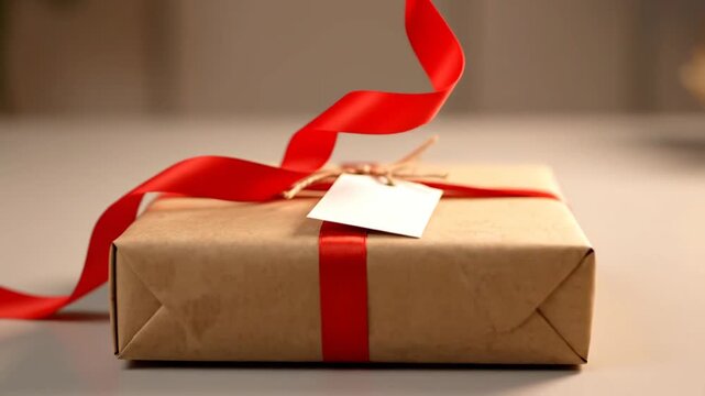 Wrapped gift box with red ribbon and blank tag
