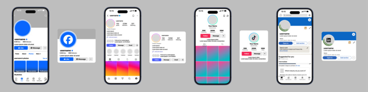 Instagram Facebook TikTok LinkedIn mobile profile interfaces showing user bios content grids action buttons follower stats and modern social media layouts
