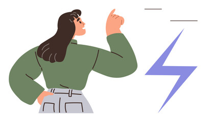 Woman in green sweater pointing upward with confidence, lightning bolt symbolizing creativity, innovation. Ideal for inspiration, leadership, determination, energy, motivation, problem-solving