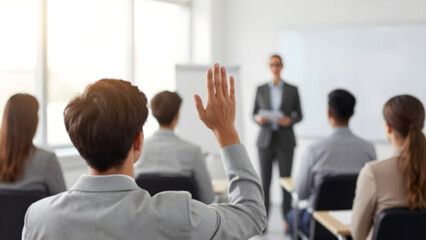 Obraz premium Professional Business Training Seminar With Audience Raising Hand.