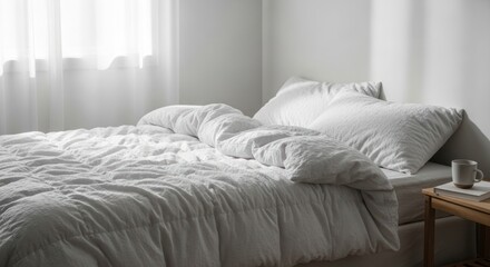 Minimalist bedroom interior with bedding and natural light