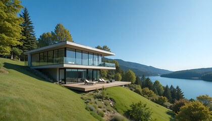 Modern minimalist house with large glass facade surrounded by lush greenery and serene blue sky overlooking calm lake
