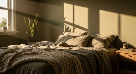 Bedroom interior bathed in warm sunlight cozy atmosphere and comfort