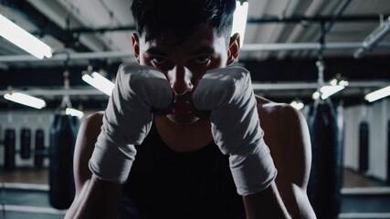 Focused boxer training in gym with boxing gloves