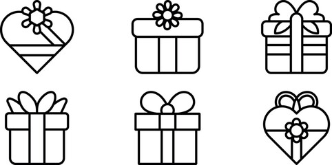 gift box outline icons set with heart shaped presents and ribbon bows, linear vector illustrations for Valentine's day, birthday, and holiday celebration